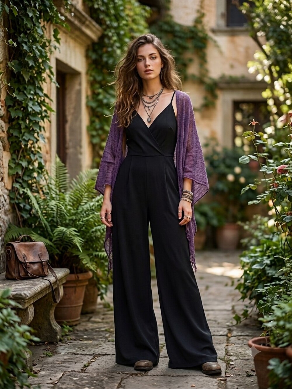 Whimsigoth Black Jumpsuit Boho Wide Leg palazzo Witchy Ethereal Goth